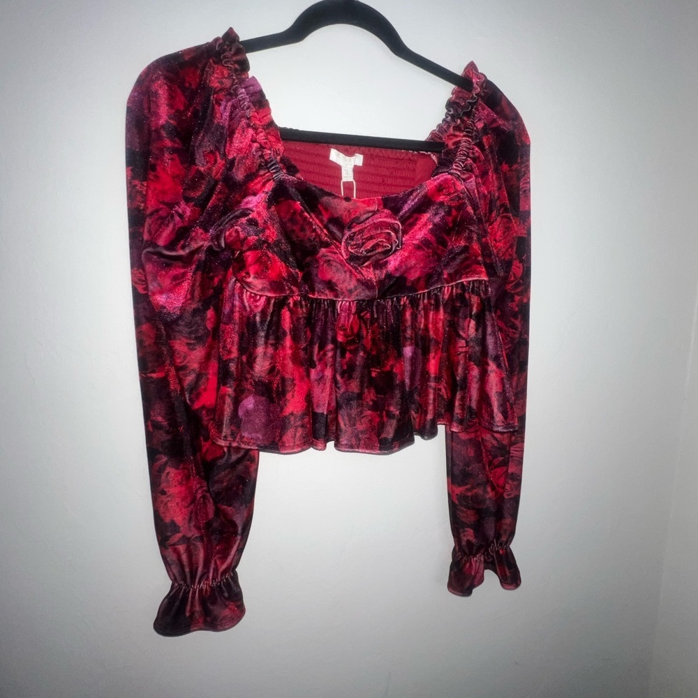 Chelsea & Violet Red and Black velvet Floral‎ Kids Blouse xl